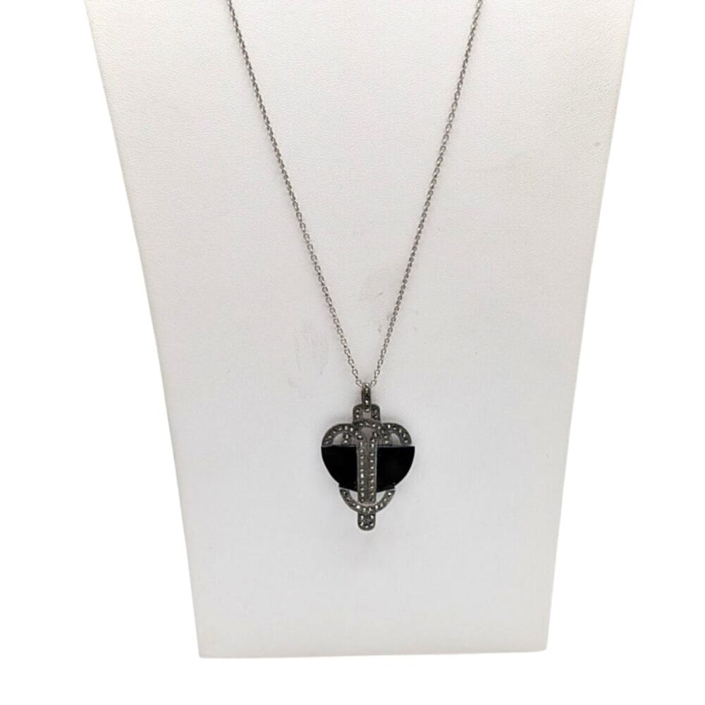 Vintage/Antique Art Deco Sterling Silver Onyx Marcasite Pendant 24.5" Necklace - Picture 7 of 7